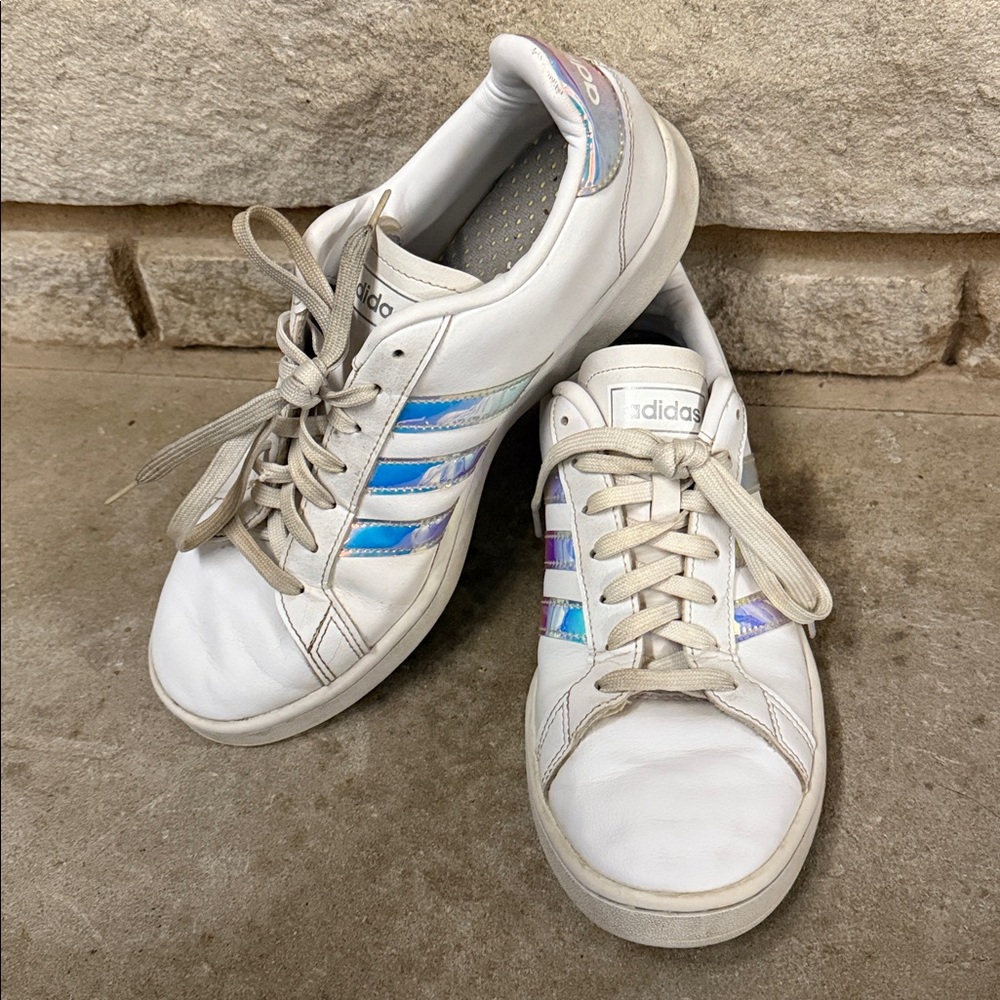 Adidas White Sneakers with Holographic Stripes